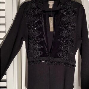 CHICOS sz 0 Black Holiday Sequin Lace  cardigan, designer beading